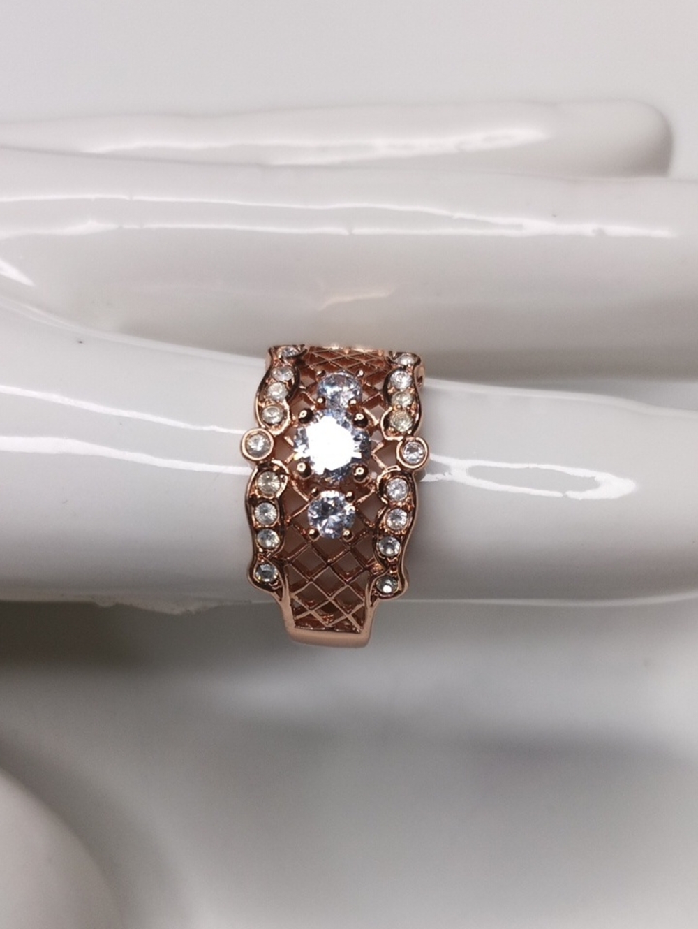 Vintage Rose Gold Crystal Accent Ring - Women Jewelry - Size 9